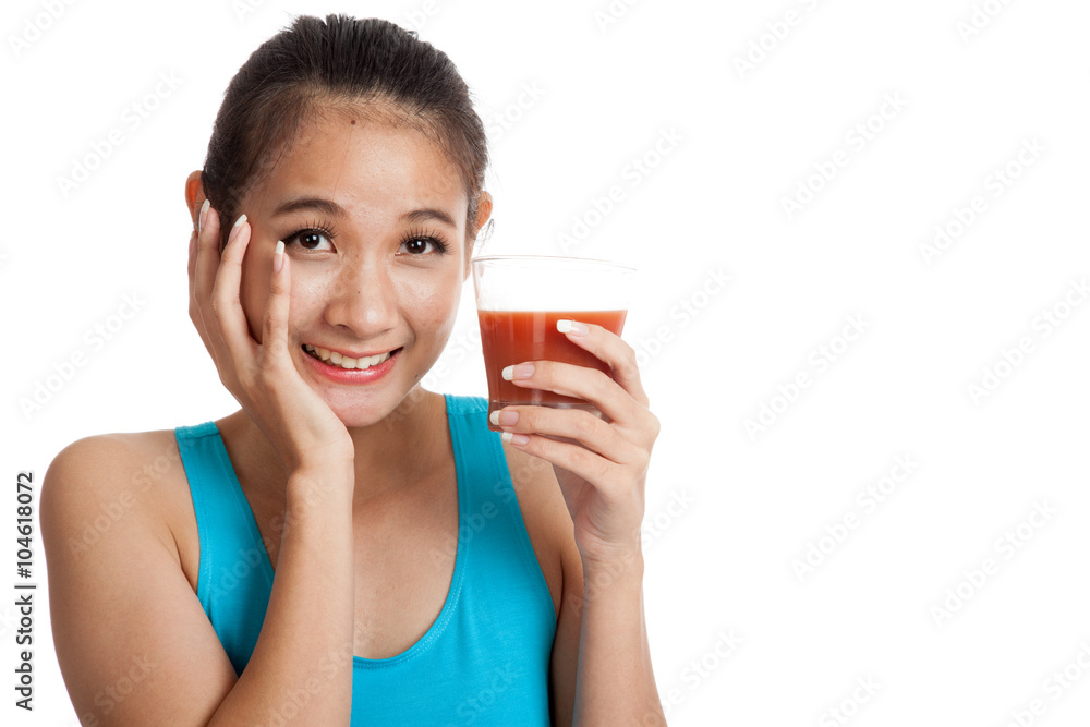 Beautiful healthy Asian girl like tomato juice Beautiful healthy Asian girl like tomato juice