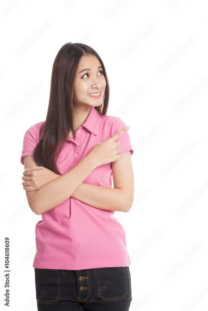 Beautiful Asian girl point to blank space Beautiful Asian girl point to blank space