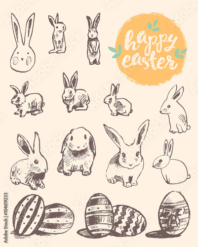 Happy Easter greeting card cute bunny eggs