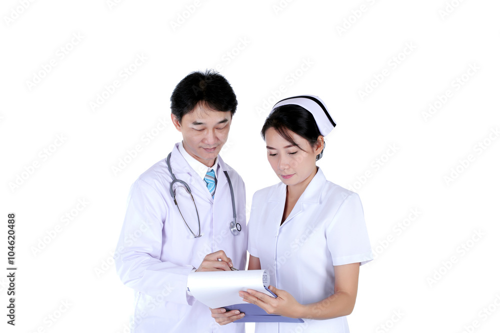 doctor and nurse reviewing medical chart, isolated on white doctor and nurse reviewing medical chart, isolated on white
