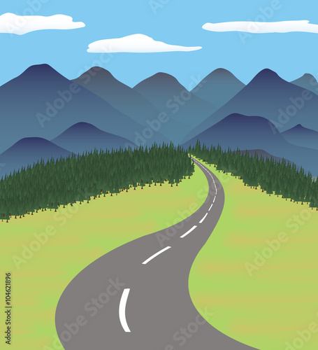 Winding Road To The Mountains. Illustration of a summer road going to mountains landscape, for vacations, travel and seasonal holidays background
