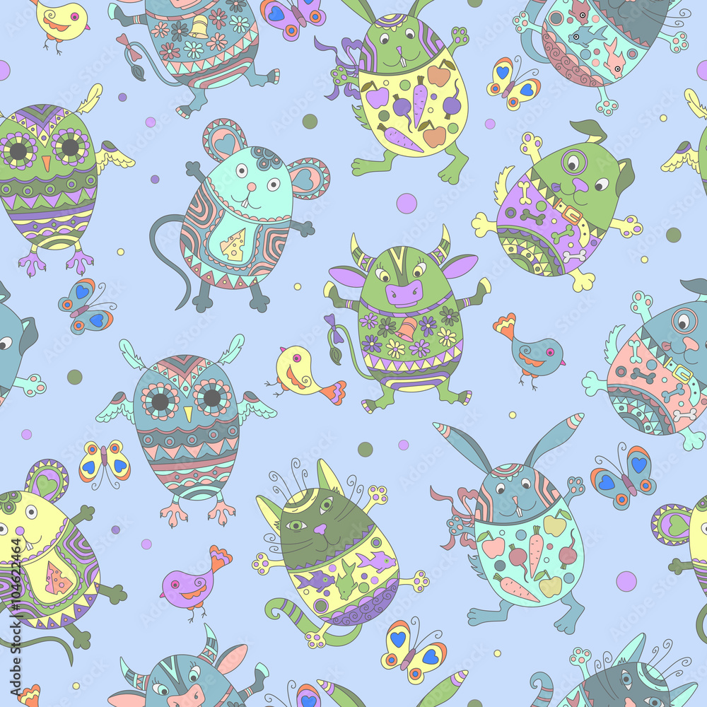 Seamless pattern with Easter eggs in the shape of animals, color figures on blue background Seamless pattern with Easter eggs in the shape of animals, color figures on blue background