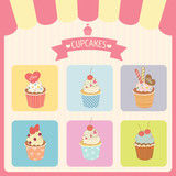 Vector cupcakes menu decoration with color box frame and awning in bakery shop.Pink border