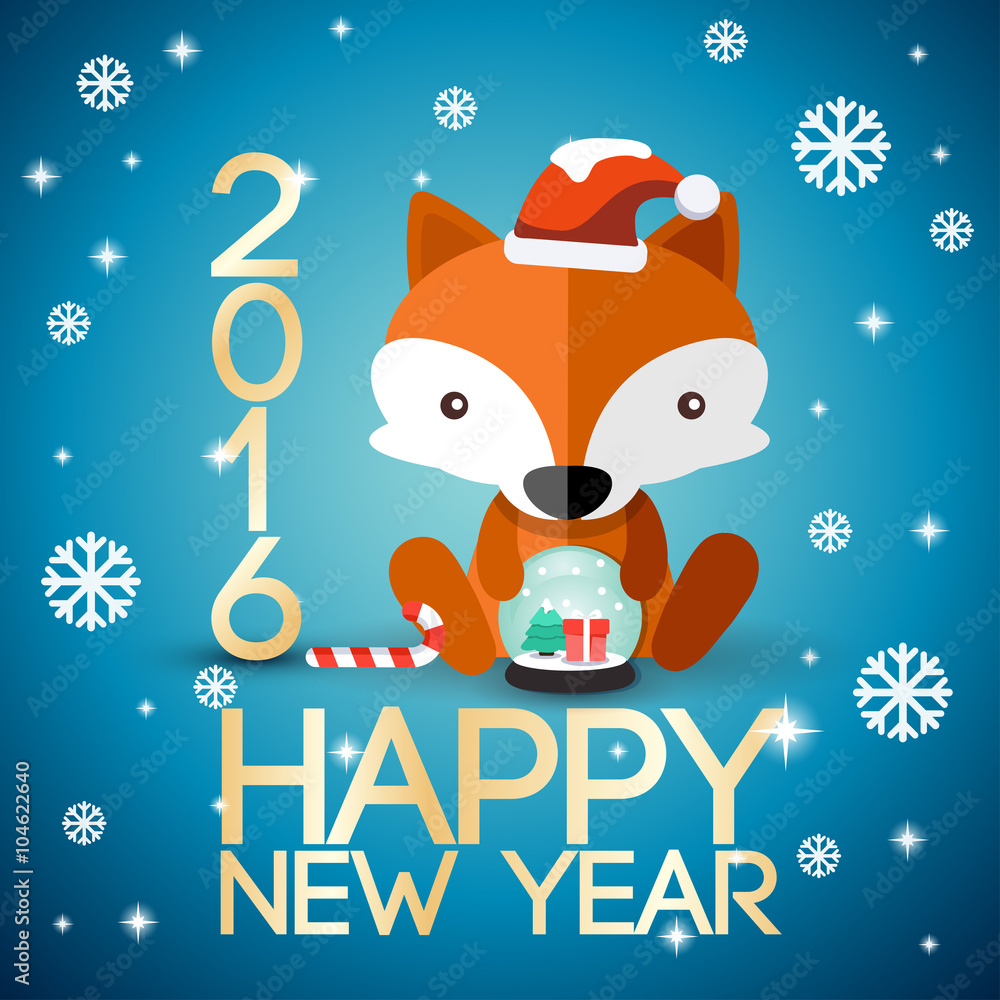 Adorable Baby Animal On 2016 New Year Greeting Card : Vector Illustration