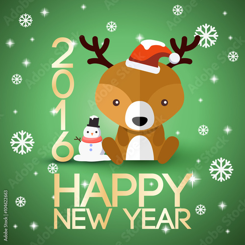 Adorable Baby Animal On 2016 New Year Greeting Card   Vector Illustration
