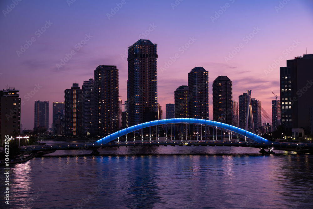 Naklejka premium Panoramic view of Tokyo High rise condominium and Sumida river with Eitai Bridge at magic hour