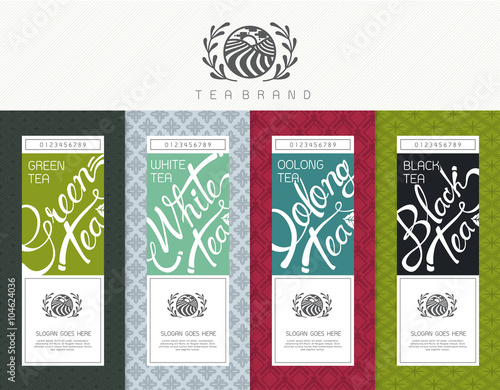 Vector set of templates packaging tea, logo, label, banner, poster, identity, branding. Stylish design for black tea - green tea - white tea - oolong tea