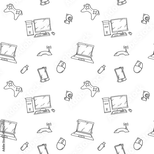 A vector seamless pattern of hand drawn doodles of electronic gadgets and devices. 