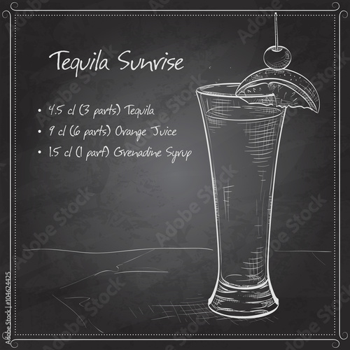 Tequila sunrise realistic cocktail on black board