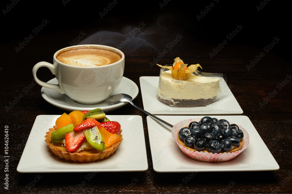 Fruit dessert and capuccino Fruit dessert and capuccino