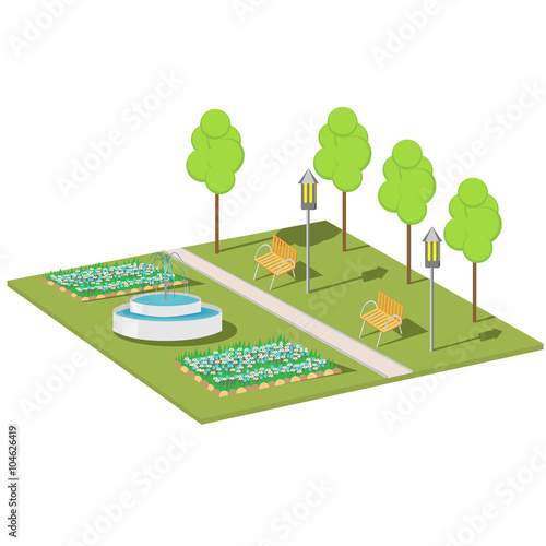 A Park with a fountain, benches, lights and trees isometric vector photo