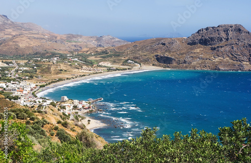 Plakias village and Plakias beach. Crete island, Greece. Plakias is a village on the south coast of the Greek island of Crete, in the Rethymno regional unit.