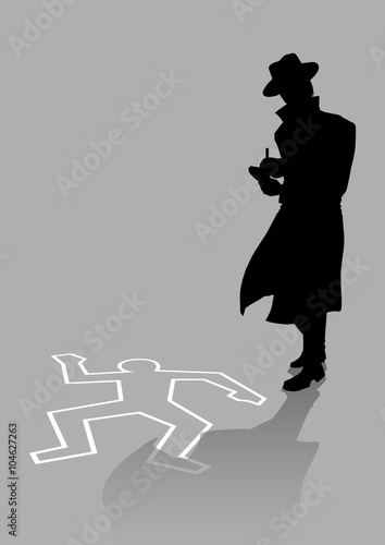 Silhouette illustration of a detective on crime scene