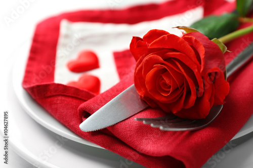 Festive table setting for Valentines Day on light background