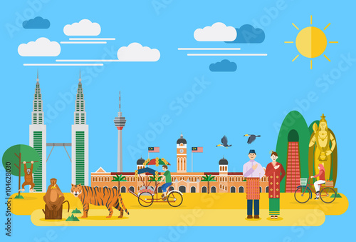 Flat design, Illustration of Malaysia's landmarks and icons