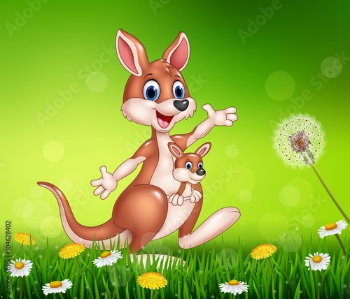 Cartoon funny kangaroo carrying a cute Joey 
