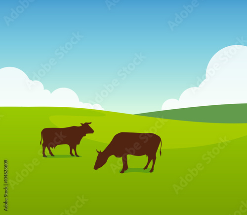 Cows on Green Field Pasture. Vector Landscape Illustration of Sunny Day on Farm