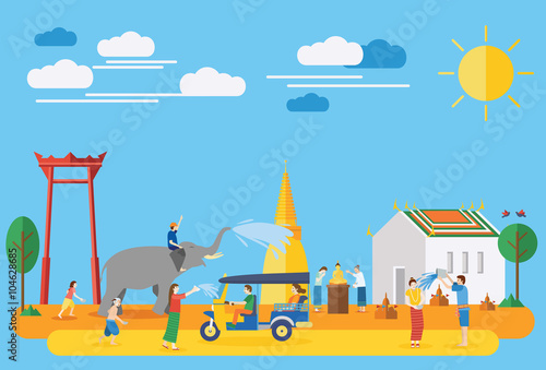 Songkran festival, Thailand New Year, Illustration of people celebrating and throwing water on each other, Flat design