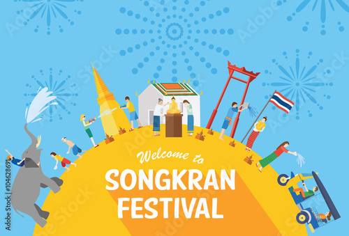 Songkran festival, Thailand New Year, Illustration of people celebrating and throwing water on each other, Flat design