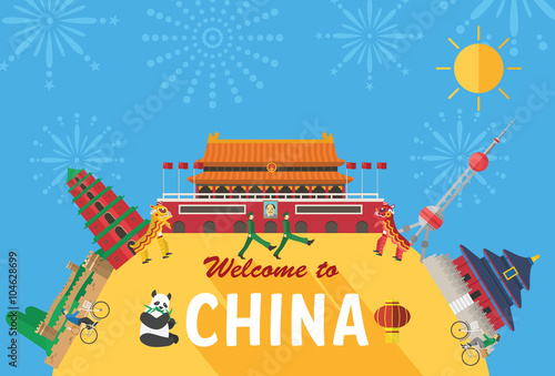 Flat design, Illustration of China' landmarks and icons
