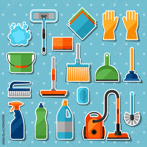 Housekeeping cleaning sticker icons set. Image can be used on banners, web sites, designs