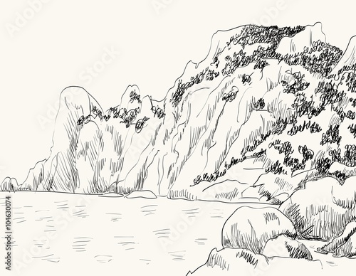 Vector summer seascape sketch.  Rocky shore, lapped by the surf