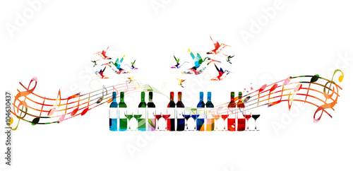 Colorful design with bottles and hummingbirds