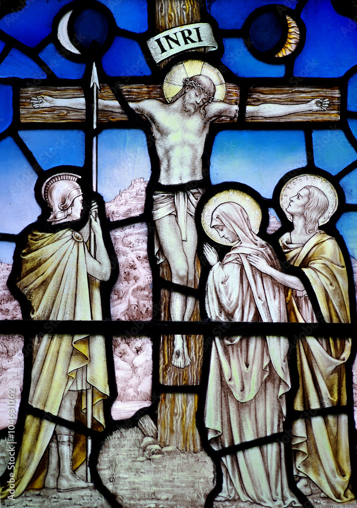Fototapeta premium Crucifixion of Jesus Christ (Good Friday) in stained glass