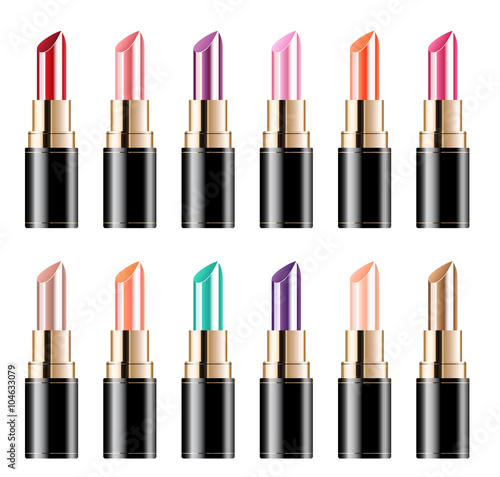 Collection of color lipstick on white background. vector illustr
