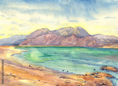 sea, mountains, lagoon, Landscape. Watercolor painting