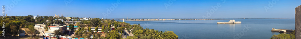 Panoramic view of Diu and Ghoghola from the wall of Diu fort. Diu, India