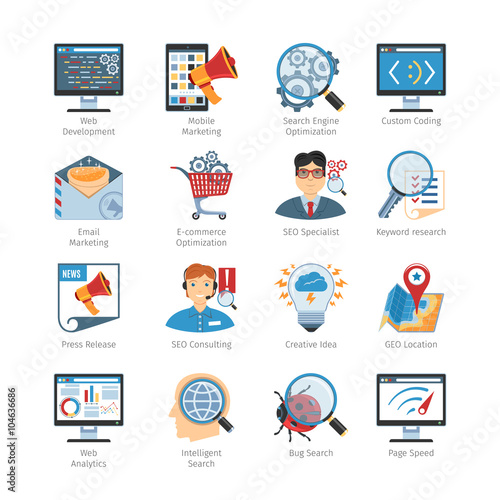 SEO And Web Development Flat Icons Set