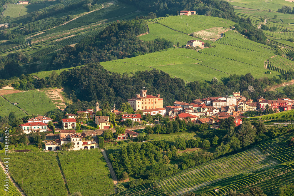 Small town among green hills in Italy.