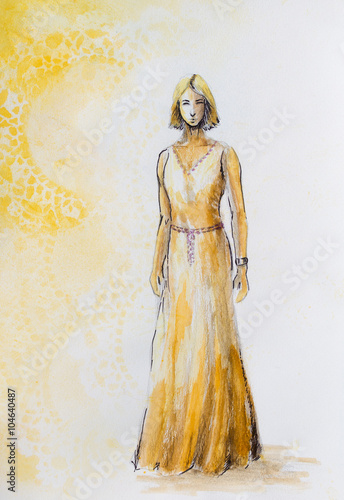 sketch of mystical woman in beautiful ornamental dress inspired by middle age design.
