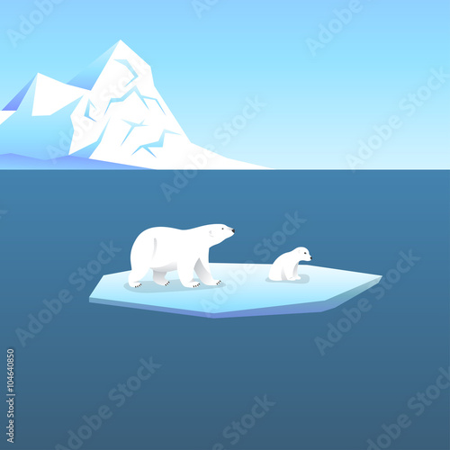 Vector background with two polar bears, she-bear and teddy bear