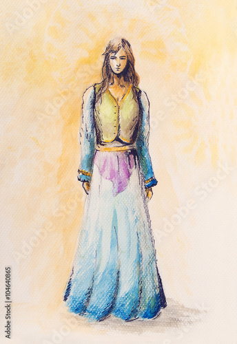 sketch of mystical woman  in beautiful ornamental dress.