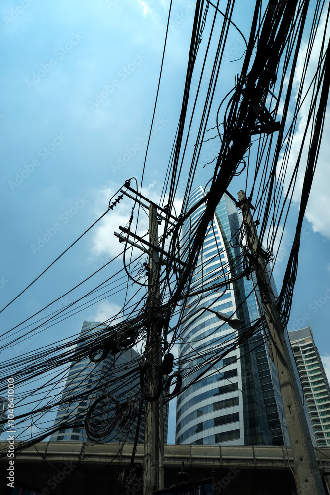 Messy electrical and optic fiber in Bangkok, Thailand Messy electrical and optic fiber in Bangkok, Thailand