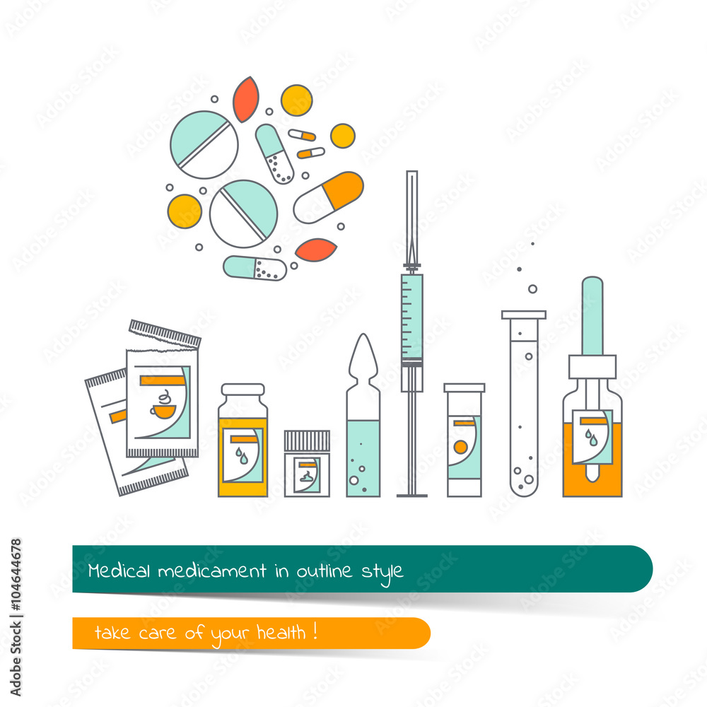 Flat line icon set of medicament. The card on the medical theme, contains banner for text with a shadow and a hand-drawn arrow with the text.Vector illustration in outline style. Flat line icon set of medicament. The card on the medical theme, contains banner for text with a shadow and a hand-drawn arrow with the text.Vector illustration in outline style.