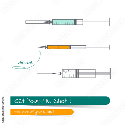 Flat line icon set of syringe white vaccine. Card contains banner for text with a shadow and a hand-drawn arrow with the text. Vector illustration in outline style isolated on white background.