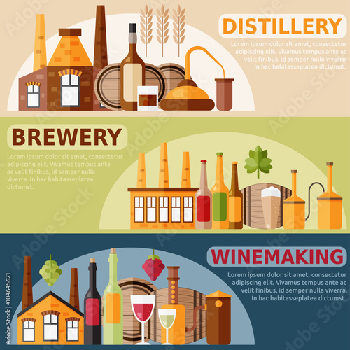 flat design horizontal vector banners on distillery,winemaking a