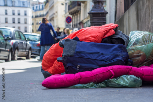 The possessions of a homeless person on the street in Paris