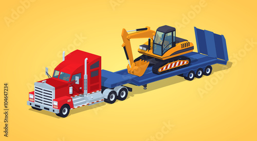 Red heavy truck with yellow excavator on the blue low-bed trailer against the yellow background. 3D lowpoly isometric vector illustration
