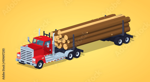 Log truck with the pile of logs against the yellow background. 3D lowpoly isometric vector illustration