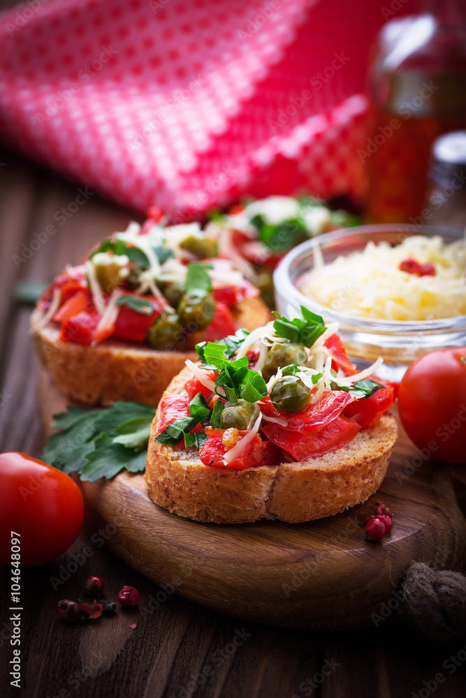 Traditional Italian antipasti bruschetta with vegetable Traditional Italian antipasti bruschetta with vegetable