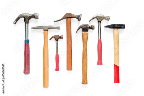 Photo Hardware tools set of a seven hammers on isolated background