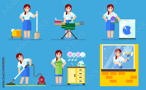 Woman washing and cleaning. Household series vector illustration.