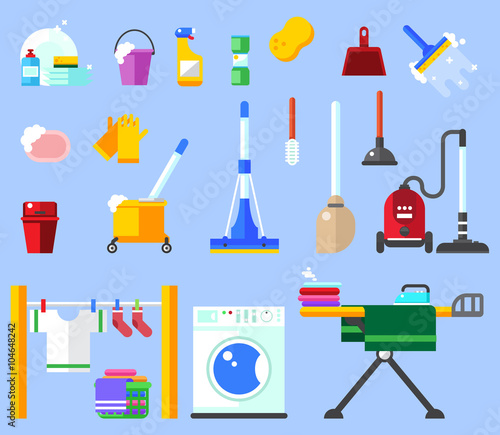 Cleaning vector set. clean service and cleaning tools. Housework vector set. Home clean, sponge, broom, bucket, mop, cleaning brush vector set
