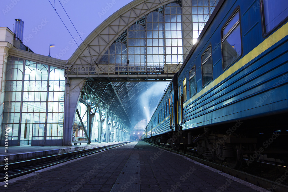 Fototapeta premium The train on the platform of railroad station in Lviv .