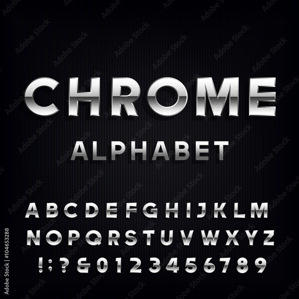 Chrome Alphabet Vector Font. Metallic type letters and numbers on the dark background. Vector typeface for headlines, posters etc.