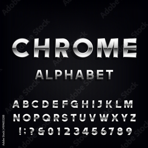 Chrome Alphabet Vector Font. Metallic type letters and numbers on the dark background. Vector typeface for headlines  posters etc.